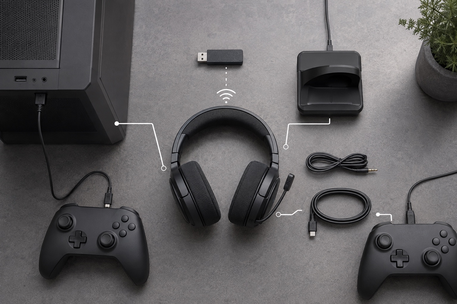 Mærkefrit headset omgivet af USB-modtager, USB-C-kabel, lydkabel, ladestation, PC og to neutrale controllere