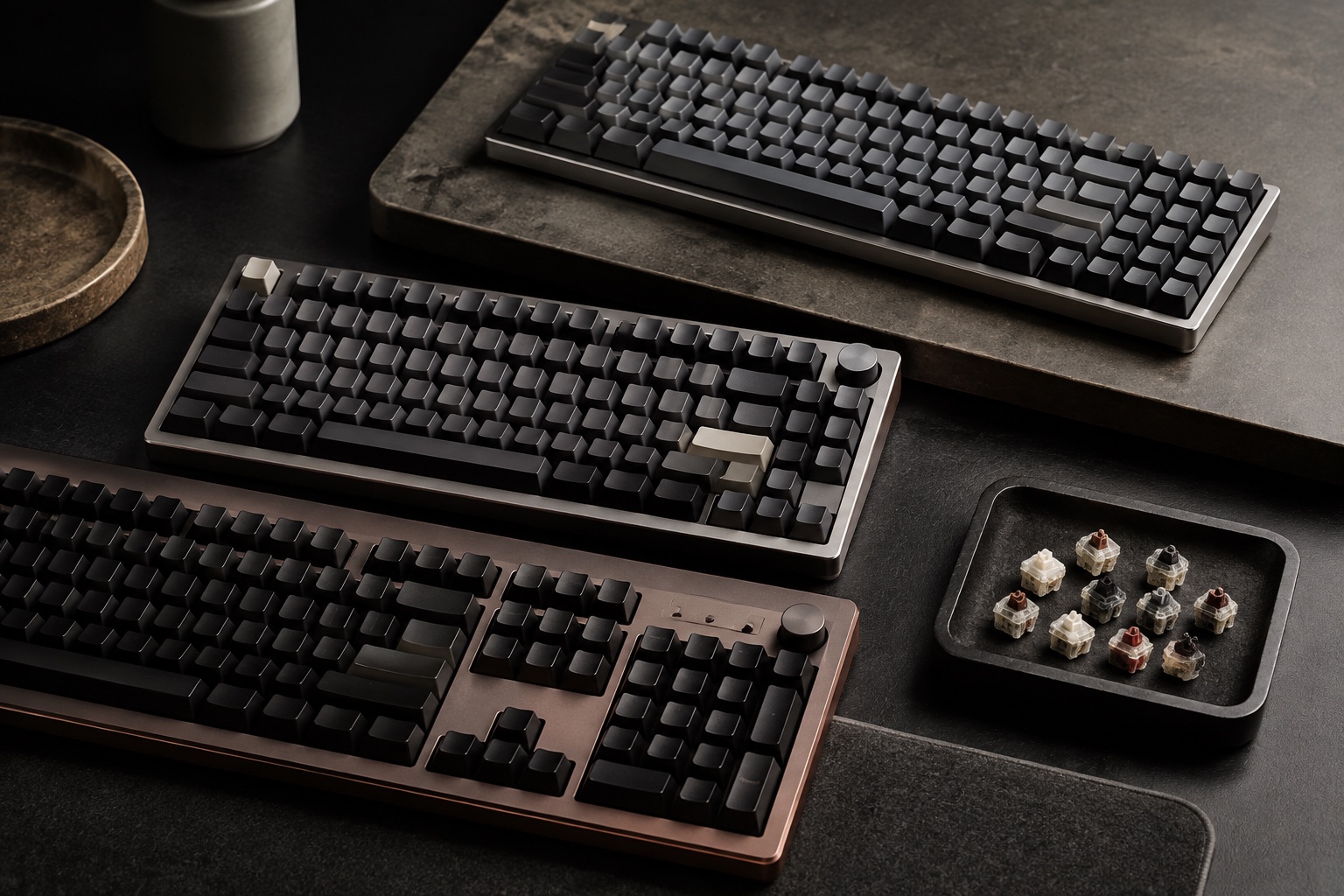 Tre mærkefri mekaniske tastaturer i forskellige størrelser overlapper på et mørkt studiobord ved siden af løse switches