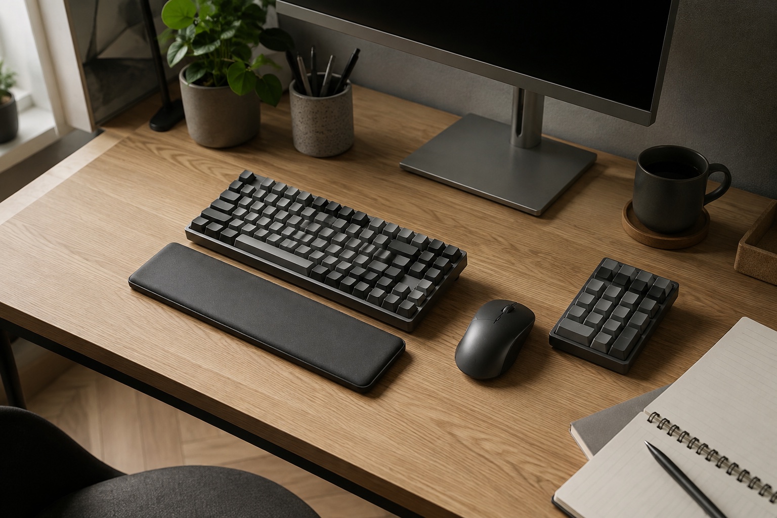 Kompakt mærkefrit tastatur, separat numerisk tastatur, mus og håndledsstøtte på et roligt kontorbord
