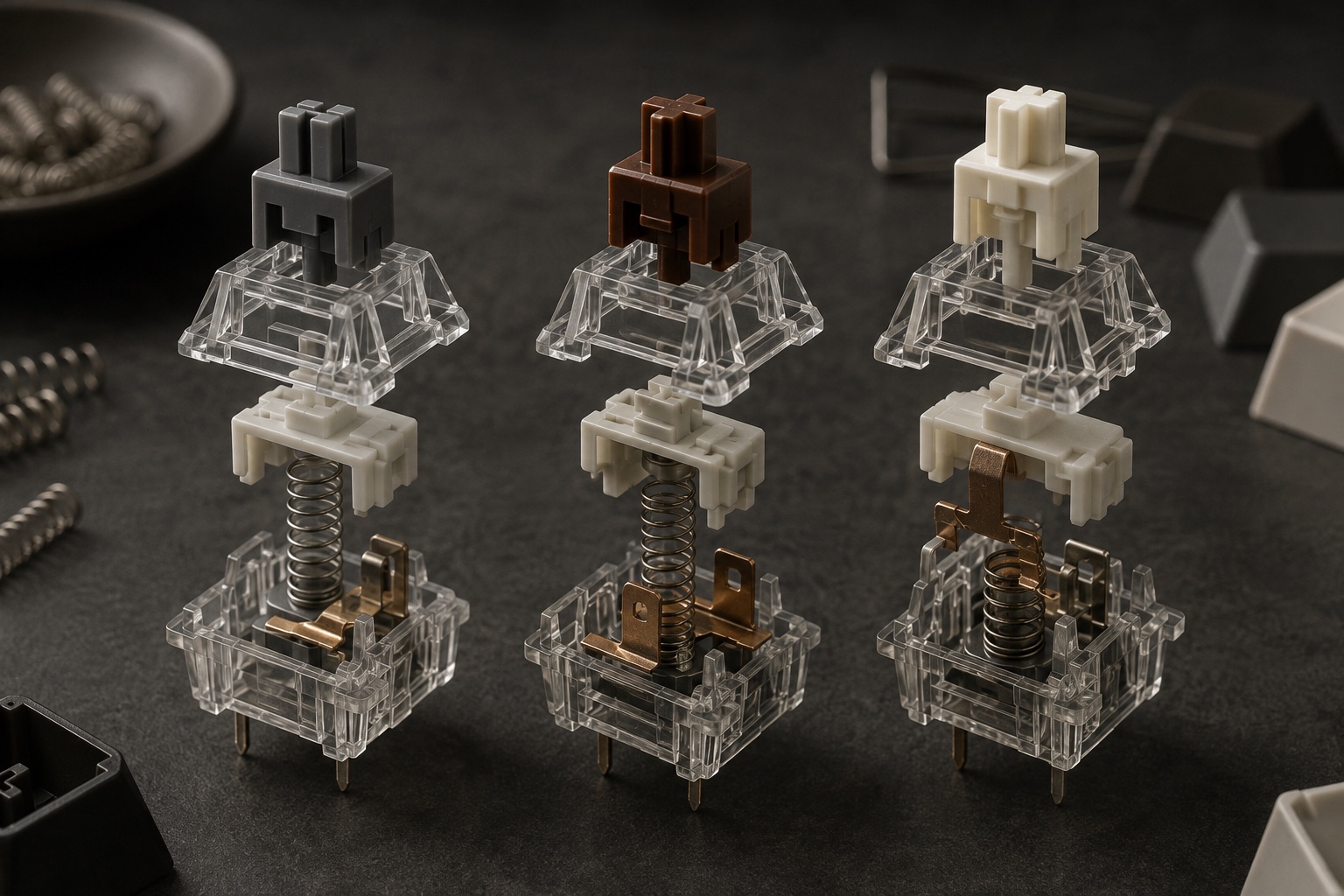 Tre konceptuelle mekaniske switches er adskilt i stempel, transparent hus, fjeder og metalkontakt