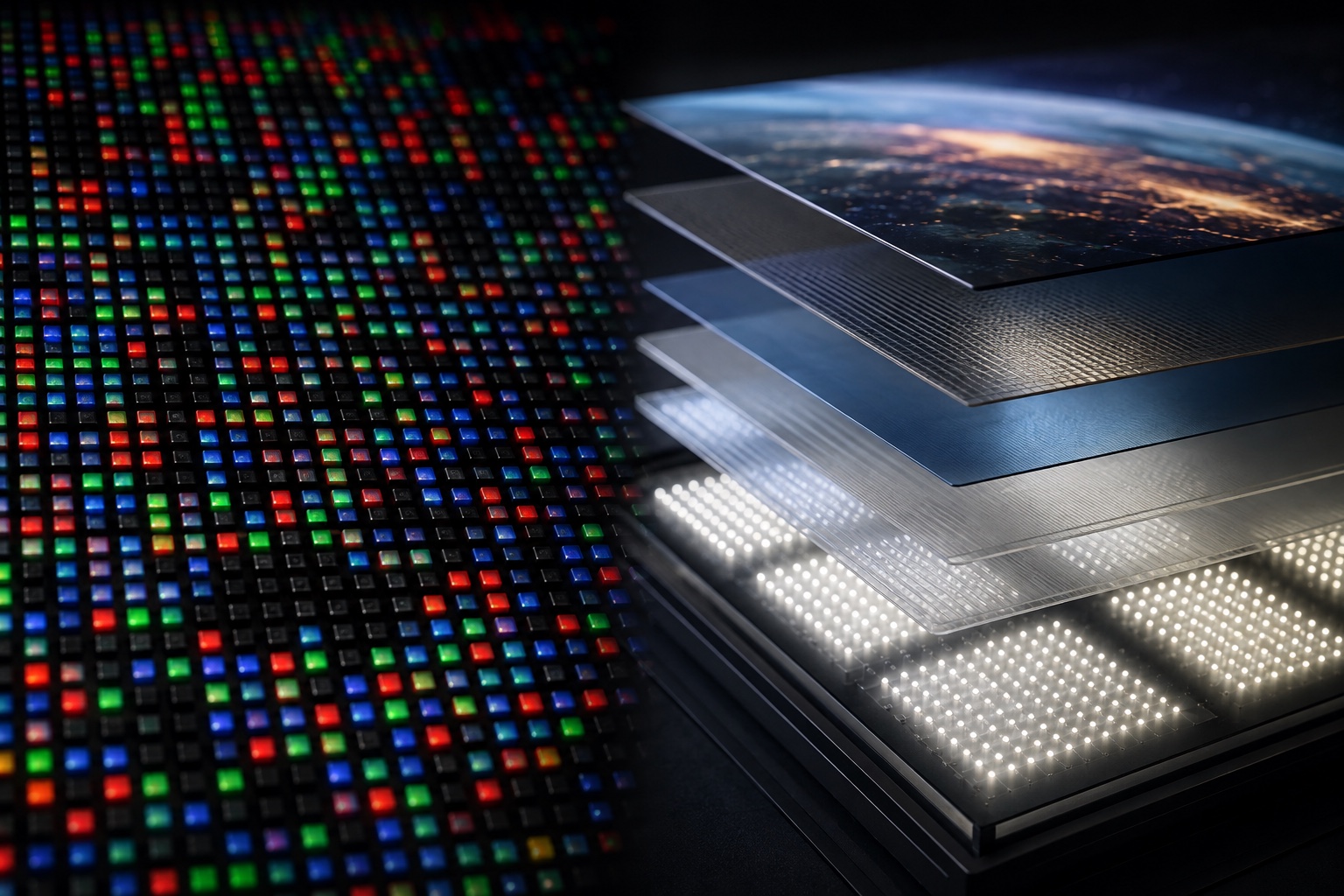 Konceptuel nærillustration af selvlysende farvepixels ved siden af et lagdelt LCD-panel med små hvide mini-LED-lyskilder
