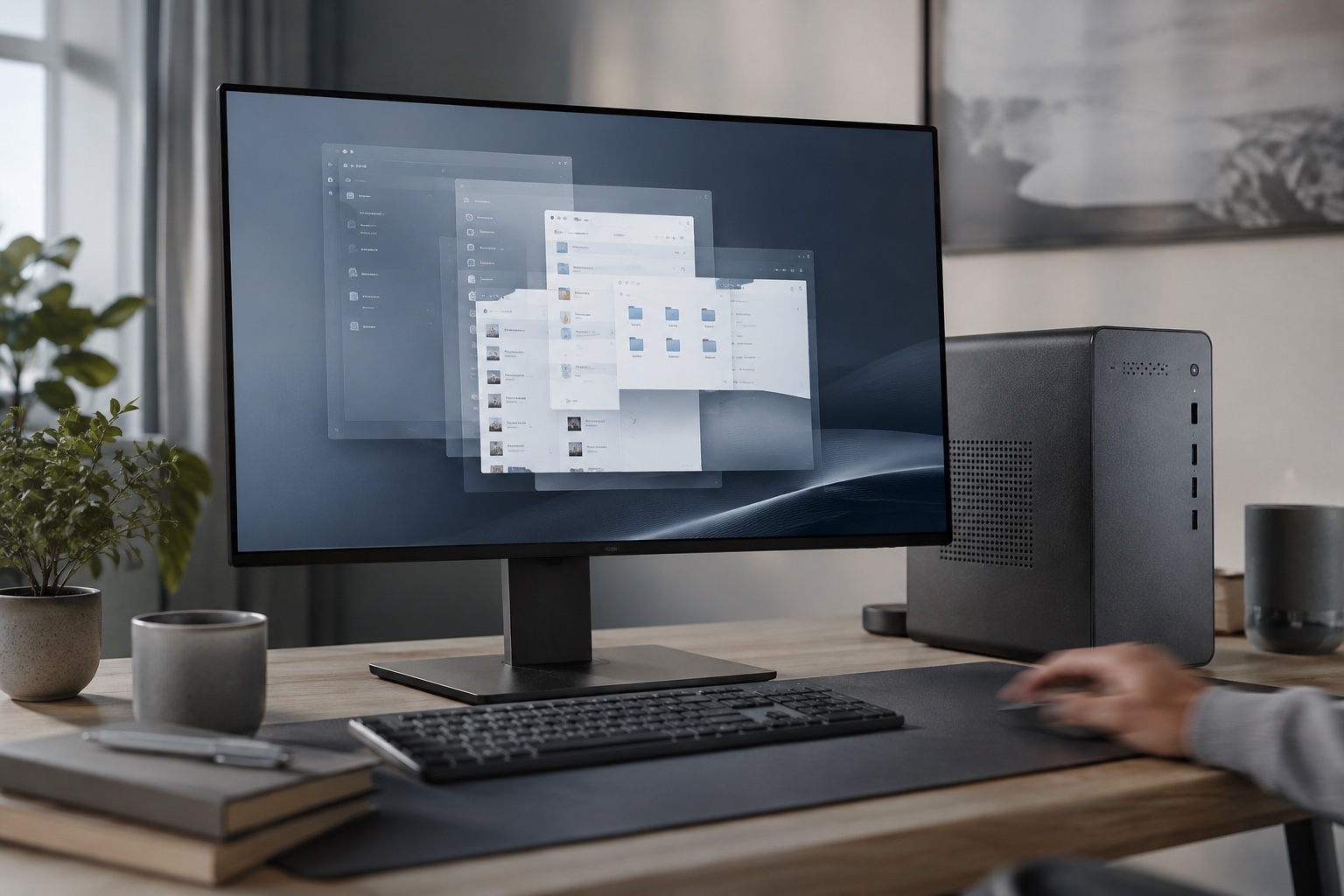 Originalt redaktionelt foto af en rolig computerarbejdsplads med lagdelte vinduer på en mærkefri skærm